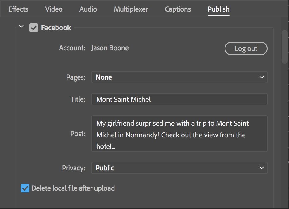 Adobe Media Encoder Facebook access
