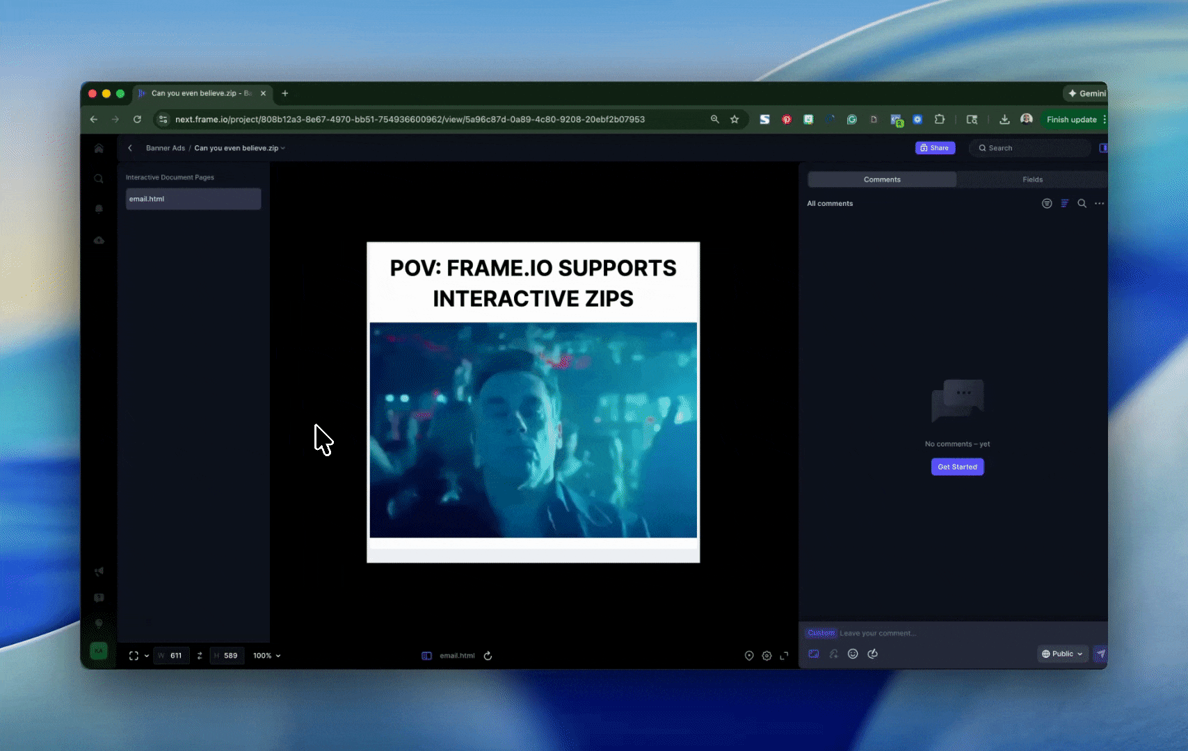 Review interactive work directly in Frame.io.