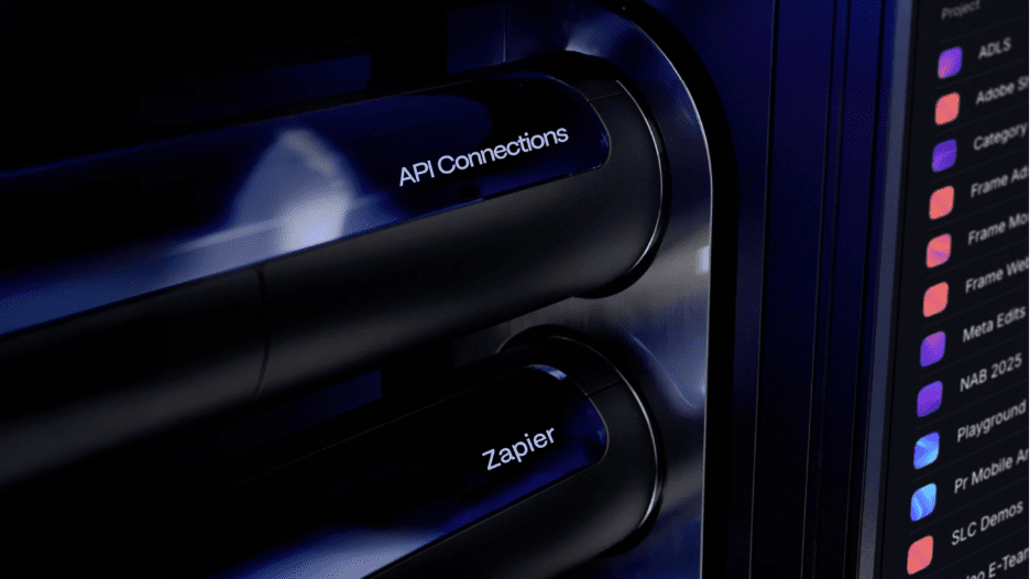 Symbolic computer generated image of pipes going to a monitor with frame.io